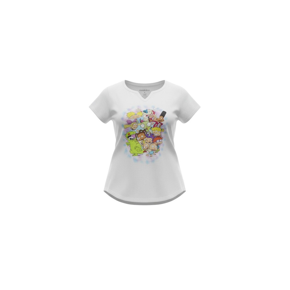 Nickelodeon Graphic Tee Womens Medium White 90s Cartoon Characters Notched Neck